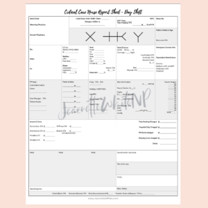 Critical Care Nurse Report Sheet -  Day Shift Version 2 - Narrow Margins